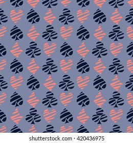 Seamless vector pattern with icons of playings cards. Background with hand drawn symbols on the blue backdrop. Decorative repeating ornament. Series of Gaming and Gambling Seamless Patterns. 