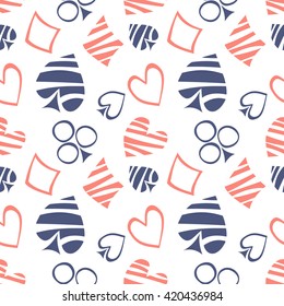 Seamless vector pattern with icons of playings cards. Background with blue and red hand drawn symbols on the white. Decorative repeating ornament. Series of Gaming and Gambling Seamless Patterns. 