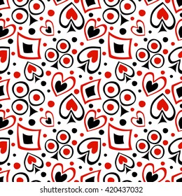 Seamless vector pattern with icons of playings cards. Background with black and red hand drawn symbols on the white. Decorative repeating ornament. Series of Gaming and Gambling Seamless Patterns. 
