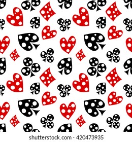 Seamless vector pattern with icons of playings cards. Background with black and red  hand drawn ornamental symbols. Decorative repeating ornament. Series of Gaming and Gambling Seamless Patterns. 