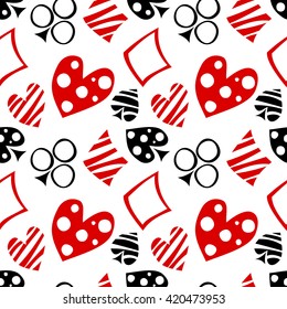 Seamless vector pattern with icons of playings cards. Background with black and red  hand drawn ornamental symbols. Decorative repeating ornament. Series of Gaming and Gambling Seamless Patterns. 