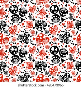 Seamless vector pattern with icons of playings cards. Background with black and red hand drawn symbols on the white. Decorative repeating ornament. Series of Gaming and Gambling Seamless Patterns. 