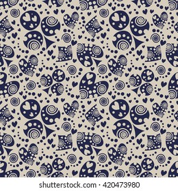 Seamless vector pattern with icons of playings cards. Background with blue hand drawn symbols. Decorative repeating ornament. Series of Gaming and Gambling Seamless Patterns. 