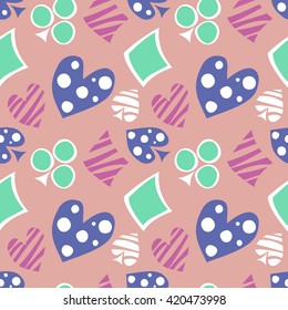 Seamless vector pattern with icons of playings cards. Background with colorful hand drawn ornamental symbols on pink. Decorative repeating ornament. Series of Gaming and Gambling Seamless Patterns. 