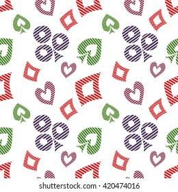 Seamless vector pattern with icons of playings cards. Background with colorful  hand drawn ornamental symbols on white. Decorative repeating ornament. Series of Gaming and Gambling Seamless Patterns. 