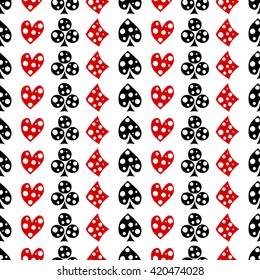 Seamless vector pattern with icons of playings cards. Background with black and red  hand drawn ornamental symbols. Decorative repeating ornament. Series of Gaming and Gambling Seamless Patterns. 