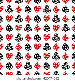 Seamless vector pattern with icons of playings cards. Background with black and red  hand drawn ornamental symbols. Decorative repeating ornament. Series of Gaming and Gambling Seamless Patterns. 