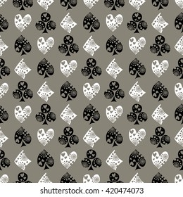 Seamless vector pattern with icons of playings cards. Background with black and white  hand drawn ornamental symbols. Decorative repeating ornament. Series of Gaming and Gambling Seamless Patterns. 