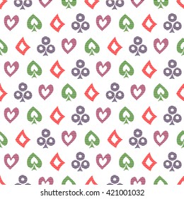 Seamless vector pattern with icons of playings cards. Background with colorful  hand drawn ornamental symbols on white. Decorative repeating ornament. Series of Gaming and Gambling Seamless Patterns. 