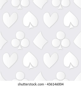 Seamless vector pattern with icons of playings cards. Symmetrical background with white symbols on the grey backdrop. EPS10. Series of Gaming and Gambling Seamless Patterns. 