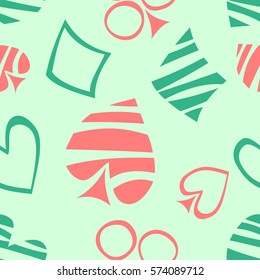 Seamless vector pattern with icons of playings cards. Green background with hand drawn symbols. Decorative repeat ornament. Series of Gaming and Gambling Seamless vector Patterns
