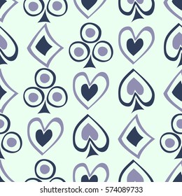 Seamless vector pattern with icons of playings cards.Blue background with hand drawn symbols. Decorative repeat ornament. Series of Gaming and Gambling Seamless vector Patterns