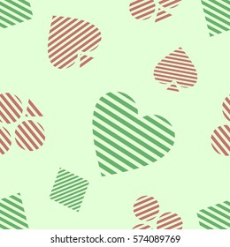 Seamless vector pattern with icons of playings cards. Green background with hand drawn symbols. Decorative repeat ornament. Series of Gaming and Gambling Seamless vector Patterns