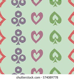 Seamless vector pattern with icons of playings cards. Colorful background with hand drawn symbols. Decorative repeat ornament. Series of Gaming and Gambling Seamless vector Patterns