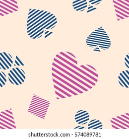 Seamless vector pattern with icons of playings cards. Pink background with hand drawn symbols. Decorative repeat ornament. Series of Gaming and Gambling Seamless vector Patterns