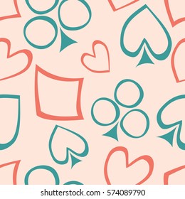 Seamless vector pattern with icons of playings cards. Pink background with hand drawn symbols. Decorative repeat ornament. Series of Gaming and Gambling Seamless vector Patterns