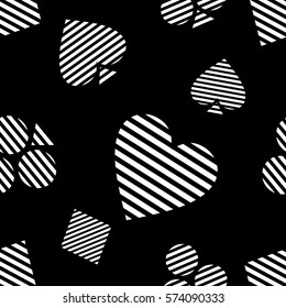 Seamless vector pattern with icons of playings cards. Black and white background with hand drawn symbols. Decorative repeat ornament. Series of Gaming and Gambling Seamless vector Patterns
