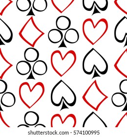 Seamless vector pattern with icons of playings cards. background with hand drawn symbols. Decorative repeat ornament. Series of Gaming and Gambling Seamless vector Patterns