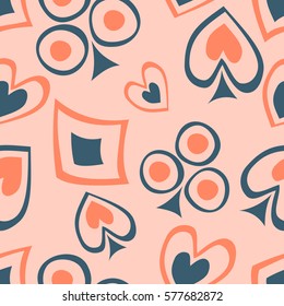Seamless vector pattern with icons of playings cards. background with hand drawn symbols. Decorative repeat red ornament. Series of Gaming and Gambling Seamless vector Patterns