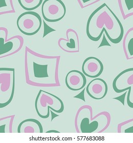 Seamless vector pattern with icons of playings cards. background with hand drawn symbols. Decorative green and pink repeat ornament. Series of Gaming and Gambling Seamless vector Patterns