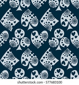 Seamless vector pattern with icons of playings cards. background with hand drawn symbols. Decorative blue repeat ornament. Series of Gaming and Gambling Seamless vector Patterns