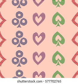 Seamless vector pattern with icons of playings cards. Pink background with hand drawn symbols. Decorative repeat ornament. Series of Gaming and Gambling Seamless vector Patterns