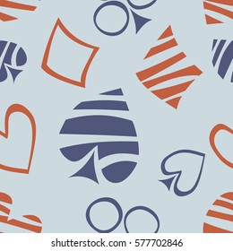 Seamless vector pattern with icons of playings cards. Blue background with hand drawn symbols. Decorative repeat ornament. Series of Gaming and Gambling Seamless vector Patterns