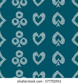 Seamless vector pattern with icons of playings cards. Blue background with hand drawn symbols. Decorative repeat ornament. Series of Gaming and Gambling Seamless vector Patterns