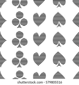 Seamless vector pattern with icons of playings cards. black and white background with hand drawn symbols. Decorative repeat ornament. Series of Gaming and Gambling Seamless vector Patterns