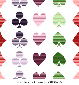 Seamless vector pattern with icons of playings cards. colorful background with hand drawn symbols. Decorative repeat ornament. Series of Gaming and Gambling Seamless vector Patterns