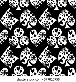 Seamless vector pattern with icons of playings cards. background with hand drawn symbols. Decorative black, white repeat ornament. Series of Gaming and Gambling Seamless vector Patterns