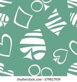 Seamless vector pattern with icons of playings cards. Green background with hand drawn symbols. Decorative repeat ornament. Series of Gaming and Gambling Seamless vector Patterns