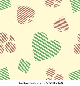 Seamless vector pattern with icons of playings cards. Colorful background with hand drawn symbols. Decorative repeat ornament. Series of Gaming and Gambling Seamless vector Patterns