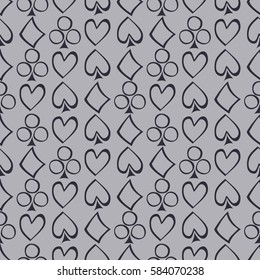 Seamless vector pattern with icons of playings cards. Grey background with hand drawn symbols. Decorative repeat ornament. Series of Gaming and Gambling Seamless vector Patterns