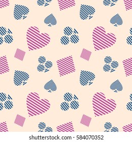 Seamless vector pattern with icons of playings cards. Pink background with hand drawn symbols. Decorative repeat ornament. Series of Gaming and Gambling Seamless vector Patterns