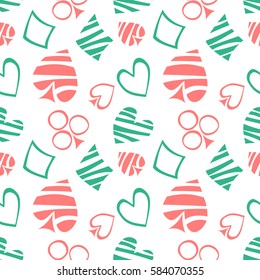 Seamless vector pattern with icons of playings cards. background with hand drawn symbols. Decorative repeat ornament. Series of Gaming and Gambling Seamless vector Patterns