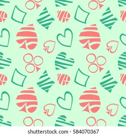 Seamless vector pattern with icons of playings cards. Green background with hand drawn symbols. Decorative repeat ornament. Series of Gaming and Gambling Seamless vector Patterns