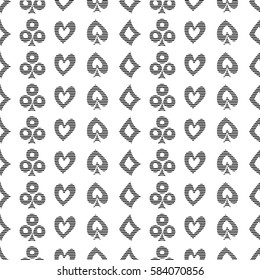 Seamless vector pattern with icons of playings cards. Black and white background with hand drawn symbols. Decorative repeat ornament. Series of Gaming and Gambling Seamless vector Patterns