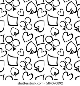 Seamless vector pattern with icons of playings cards. Black and white background with hand drawn symbols. Decorative repeat ornament. Series of Gaming and Gambling Seamless vector Patterns