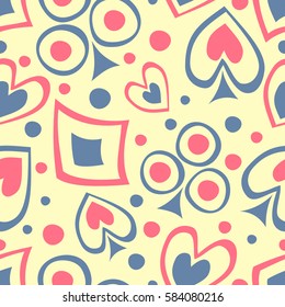 Seamless vector pattern with icons of playings cards. background with hand drawn symbols. Decorative repeat ornament. Series of Gaming and Gambling Seamless vector Patterns