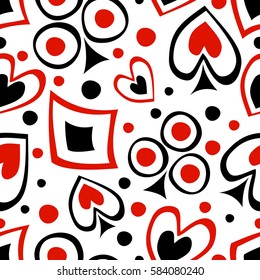 Seamless vector pattern with icons of playings cards. background with hand drawn symbols. Decorative repeat ornament. Series of Gaming and Gambling Seamless vector Patterns