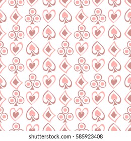 Seamless vector pattern with icons of playings cards. Pink background with hand drawn symbols. Decorative repeat ornament. Series of Gaming and Gambling Seamless vector Patterns.