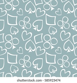 Seamless vector pattern with icons of playings cards. Blue background with hand drawn symbols. Decorative repeat ornament. Series of Gaming and Gambling Seamless vector Patterns.