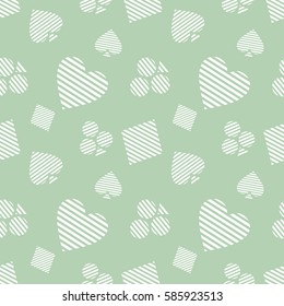 Seamless vector pattern with icons of playings cards. Green background with hand drawn symbols. Decorative repeat ornament. Series of Gaming and Gambling Seamless vector Patterns.