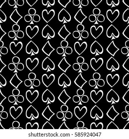 Seamless vector pattern with icons of playings cards. Black and white background with hand drawn symbols. Decorative repeat ornament. Series of Gaming and Gambling Seamless vector Patterns.