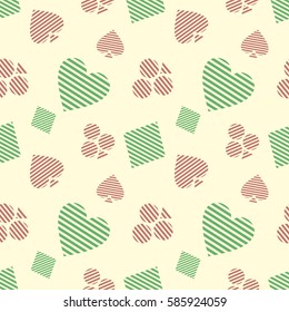 Seamless vector pattern with icons of playings cards. Yellow background with hand drawn symbols. Decorative repeat ornament. Series of Gaming and Gambling Seamless vector Patterns.