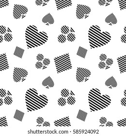 Seamless vector pattern with icons of playings cards. Black and white background with hand drawn symbols. Decorative repeat ornament. Series of Gaming and Gambling Seamless vector Patterns.