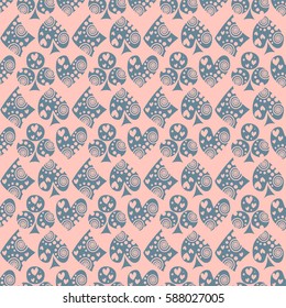 Seamless vector pattern with icons of playings cards. background with hand drawn symbols. Decorative repeat ornament. Series of Gaming and Gambling Seamless vector Patterns.