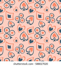 Seamless vector pattern with icons of playings cards. background with hand drawn symbols. Decorative repeat ornament. Series of Gaming and Gambling Seamless vector Patterns