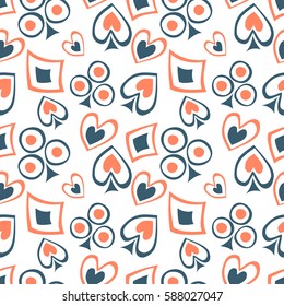 Seamless vector pattern with icons of playings cards. background with hand drawn symbols. Decorative repeat ornament. Series of Gaming and Gambling Seamless vector Patterns